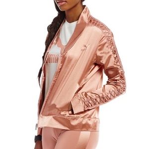 Puma matching track suit tights jacket workout run outfit blush rose pink satin